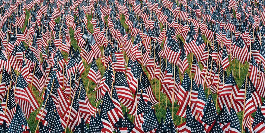 Thousands of little American flags planted on grass.