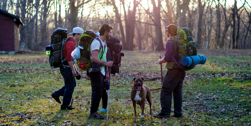 Image of male backpackers in the forest with a dog.