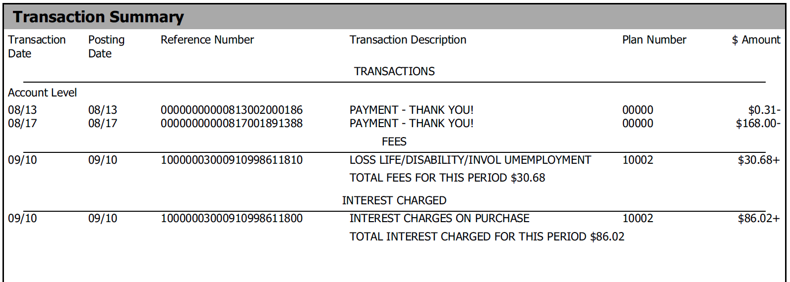 Image of Transaction Summary on Union Chequers Bank credit card statement