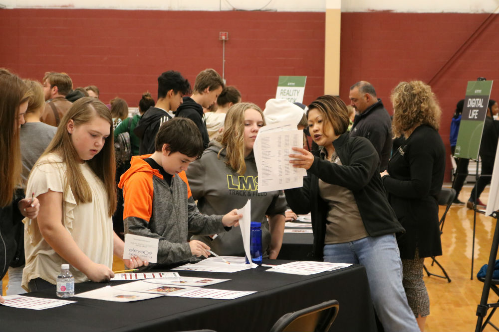 Middle school students learning about finances at the Career Exploration Expo