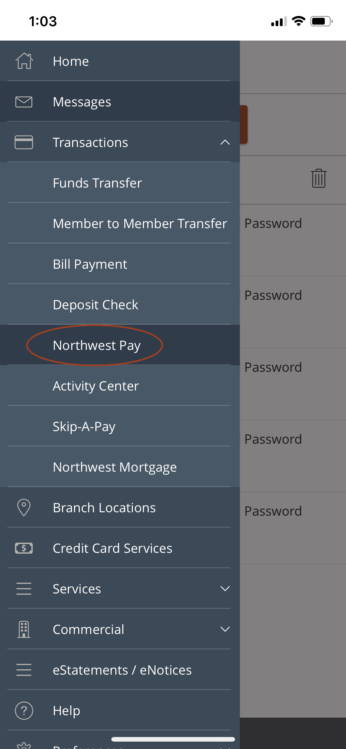 Northwest Pay location in the online banking menu